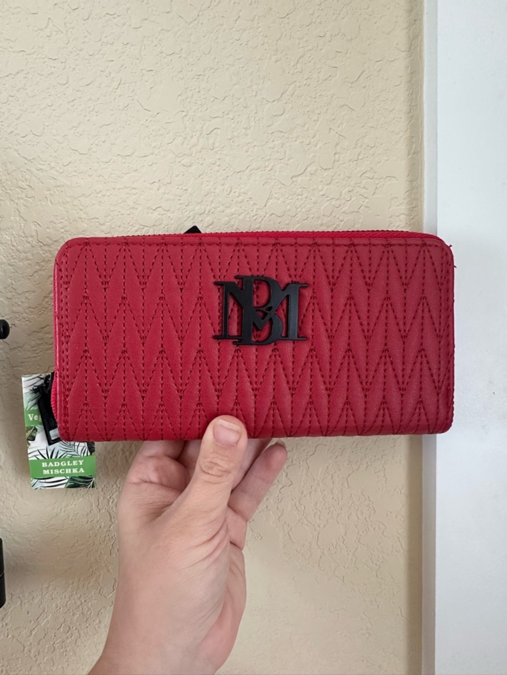 Badgley Mischka Quilted Red Zip-Around Wallet with Black Logo